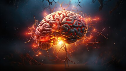 mózg i latające elektrony wokół niego, pokazuje jak myśli przenikaja przez mózg - obrazy, fototapety, plakaty