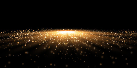 Dust sparks and golden stars shine with special light. Vector sparks on black background. Christmas light effect. Sparkling magic dust particles.	