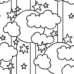 Starry night seamless pattern with moon, stars and clouds. Boho style decorative background for wallpaper, digital paper, wrapping design, fashion fabric, textile print. Hand drawn illustration.