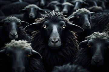 czarna owca wśród baranów w stadzie na dziko - obrazy, fototapety, plakaty