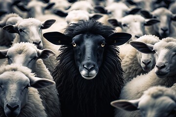 czarna owca wśród baranów w stadzie na dziko - obrazy, fototapety, plakaty