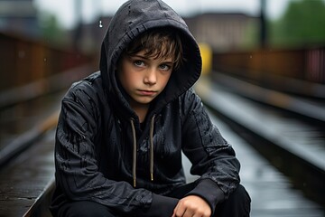 siedzący chłopiec na torach kolejowych w bluzie czarnej z kapturem, zbuntowany trochę smutny - obrazy, fototapety, plakaty