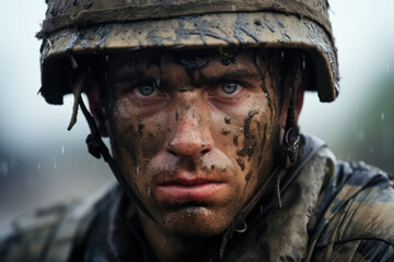 Portrait of soldier after battle in rain close-up, muddy face of tired veteran in helmet. Eyes of dirty depressed army man during war. Concept of ptsd, stress, military, dirt, mud. - obrazy, fototapety, plakaty