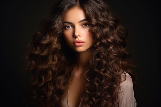 Beautiful young woman with long curly brown hair on black studio background. Face of girl model with stylish hairstyle, healthy skin. Concept of style, fashion, salon, portrait, sexy