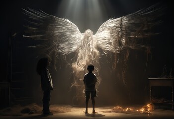 widok białego aniołe ze wielkimi skrzydłami nad młodym chłopcem - obrazy, fototapety, plakaty