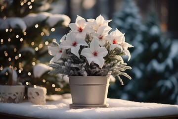 białe kwiaty w białej doniczce w zimowym klimacie - obrazy, fototapety, plakaty