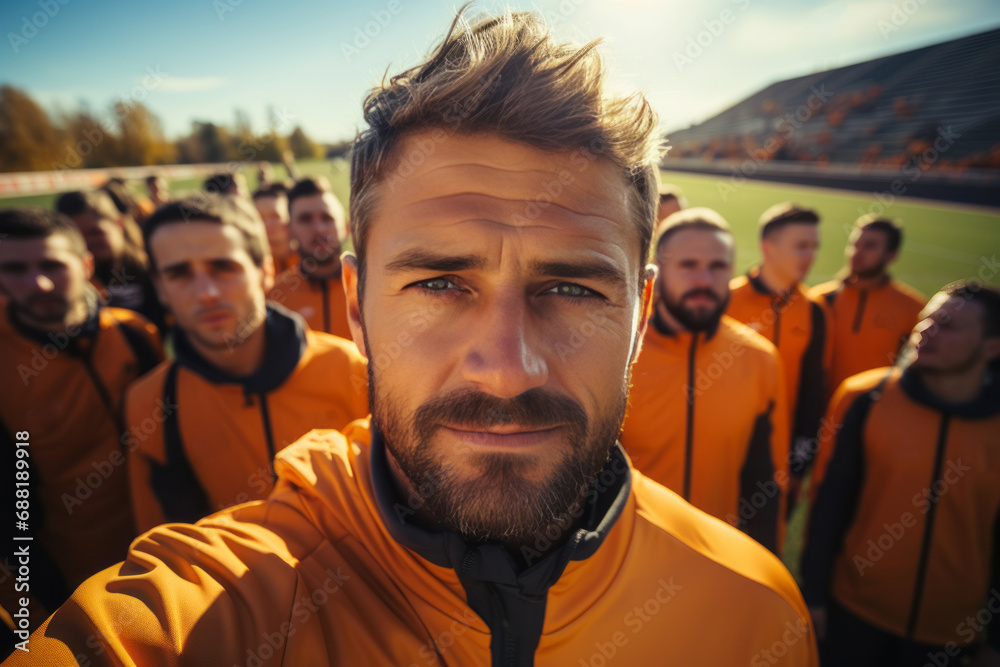 Wall mural Cheerful coach taking selfie with his pupils. The concept of sport, friendship and healthy lifestyle. Group of happy people taking selfie outdoors.