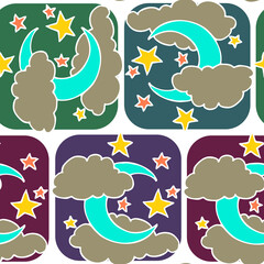 Starry night seamless pattern with moon, stars and clouds. Boho style decorative background for wallpaper, digital paper, wrapping design, fashion fabric, textile print. Hand drawn illustration.