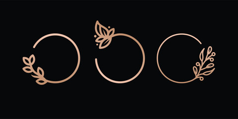 Set of circle Logos with gold leaves and flowers. Round frame with minimal linear style .Template for logo cosmetics, Beauty studio, hairdresser, handmade, jewelry, etc