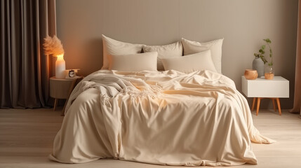 Cozy bedroom with comfortable bed and warm ambient lighting