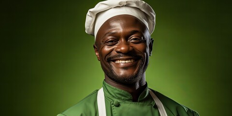 Czarnoskóry szef kuchni - kucharz w czapce cheff'a i fartuchu.  - obrazy, fototapety, plakaty