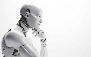 Humanoid female robot is thinking, white background