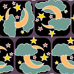 Starry night seamless pattern with moon, stars and clouds. Boho style decorative background for wallpaper, digital paper, wrapping design, fashion fabric, textile print. Hand drawn illustration.