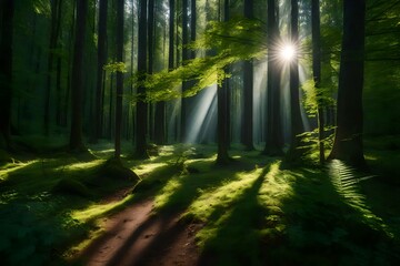 A tranquil forest glade with dappled sunlight filtering through the trees