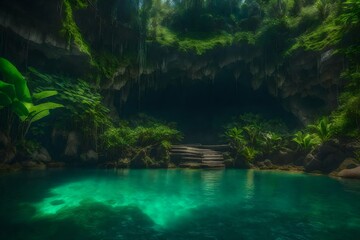 A hidden island grotto with crystal-clear waters surrounded by lush vegetation