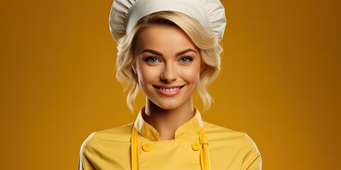 Uśmiechnięta szefowa kuchni w fartuchu i czapce na tle żółtej ściany w restauracji.  - obrazy, fototapety, plakaty