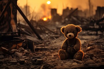 Smutny samotny pluszowy miś siedzący na zgliszczach zniszczonego wojną miasta. 