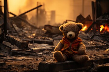 Smutny samotny pluszowy miś siedzący na zgliszczach zniszczonego wojną miasta. 