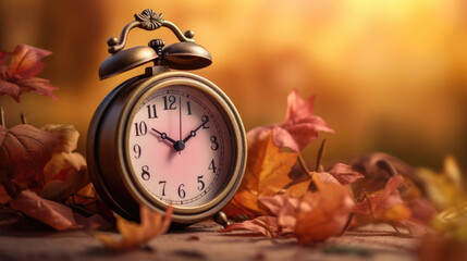 Daylight saving time ends. Alarm clock on beautiful nature background with summer flowers and autumn leaves. Summer time end and fall season coming. Clock turn backward to winter time. Autumn equinox