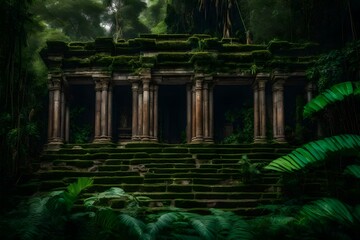 Fototapeta na wymiar The texture of ancient overgrown stone ruins nestled within island jungles