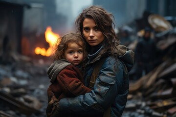 matka z dzieckiem w zniszczonym mieście po wojnie, głodni i brudni zmęczeni i wystraszeni