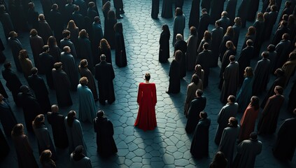 kobieta sukcesu w czerwonej sukience z lokami i ładnymi włosami, władza,  - obrazy, fototapety, plakaty