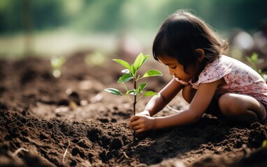 Child joyfully participates in the act of planting a green tree in the garden - obrazy, fototapety, plakaty