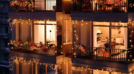 Festive balcony decoration for Christmas and New Year. Modern residential apartment building balcony in evening 