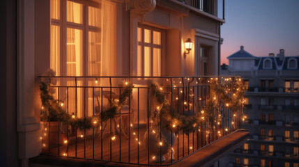 Festive balcony decoration for Christmas and New Year. Modern residential apartment building balcony in evening  - obrazy, fototapety, plakaty