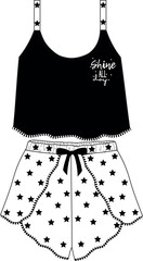 WOVEN AND TEES NIGHTWEAR TANK AND SHORT FOR WOMEN IN EDITABLE VECTOR FILE. star seamless pattern. short skirt set. home wear and nightwear. cute pajama with star pattern. - obrazy, fototapety, plakaty