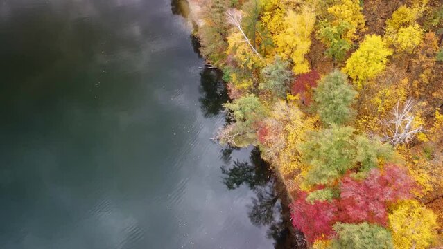 Autumn aerial drone look down view on river with wooded colorful forest riverbanks. Cossack mountain, Korobovy Hutora (Koropove village) on Siverskyi Donets River in Ukraine
