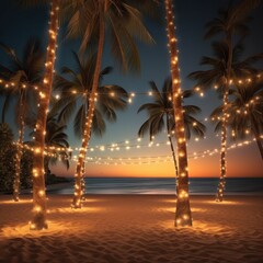 lights laying down behind palm trees near the beach, i