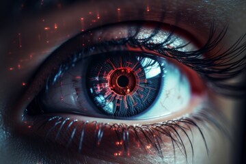 close-up of an eye with artificial intelligence in the retina. Future technologies for long-distance objects through scanning with artificial intelligence built into the eyes. - obrazy, fototapety, plakaty