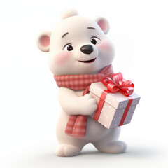 White cute polar bear cub in warm knitted scarf with red present box isolated on white background. Merry Christmas and happy New Year. Character 3d illustration for card, banner, poster, flyer design