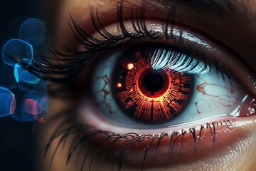 close-up of an eye with an artificial retina. Future technologies for recognizing the environment through scanning using artificial intelligence built into the eyes. Artificial retina of the human eye