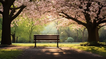 A peaceful image of a lone park bench nestled among blooming trees and lush greenery, - obrazy, fototapety, plakaty