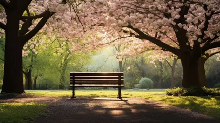 Foto op Canvas A peaceful image of a lone park bench nestled among blooming trees and lush greenery, © olegganko