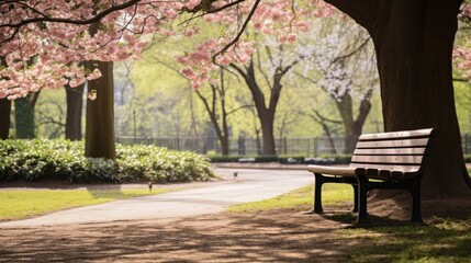 A peaceful image of a lone park bench nestled among blooming trees and lush greenery,
