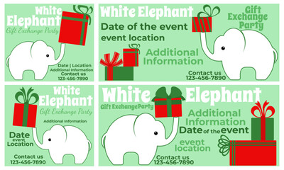 White elephant party, set of square cards and horizontal invitation designs in red and green colors