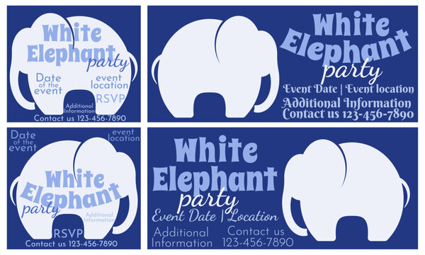 White elephant party, set of square cards and horizontal invitation designs