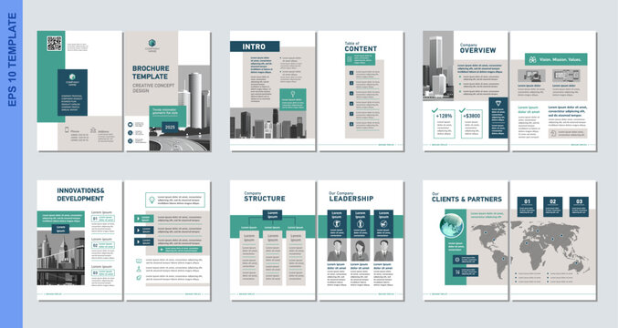 Brochure creative design. Multipurpose universal template, include cover, back and inside pages. Trendy minimalist flat geometric design. Vertical a4 format.