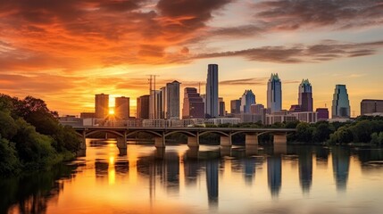 A breathtaking photo of a city skyline at sunset, with warm spring colors painting the sky