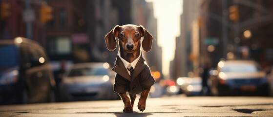 A dachshund dog wearing a sweater on a city street. Generative AI.