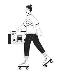 Rollerblading with boom box black and white cartoon flat illustration. Caucasian male 80s riding roller skates 2D lineart character isolated. Eighties nostalgia monochrome scene vector outline image