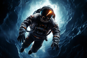 A picture of astronaut spaceman floating and exploring the space between stars and planets in the...