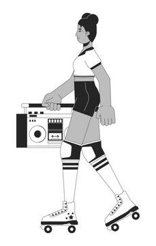 Roller skating with boombox black and white cartoon flat illustration. Black female 80s hip hop 2D lineart character isolated. Eighties vintage. Nostalgia fashion monochrome scene vector outline image