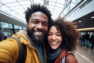 Waiting for the flight. Happy black couple taking a selfie together in an airport terminal before boarding a flight. - obrazy, fototapety, plakaty