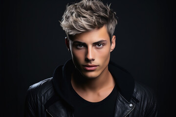 Young man with short blond hair on dark studio background. Face of handsome boy wearing black leather jacket. Concept of style, fashion, beauty model, male portrait, stylish hairstyle - obrazy, fototapety, plakaty