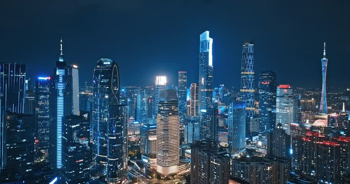 Aerial shot of city buildings skyline at night in Guangzhou, Guangdong Province, China