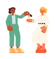 Female seller buyer handing over key 2D cartoon characters. Diverse professional women isolated vector people white background. Rental service. Purchasing car deal color flat spot illustration